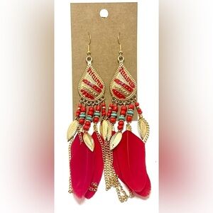 NEW! Boho Dangle Feather Earrings with Chains and Enamel Accents.​